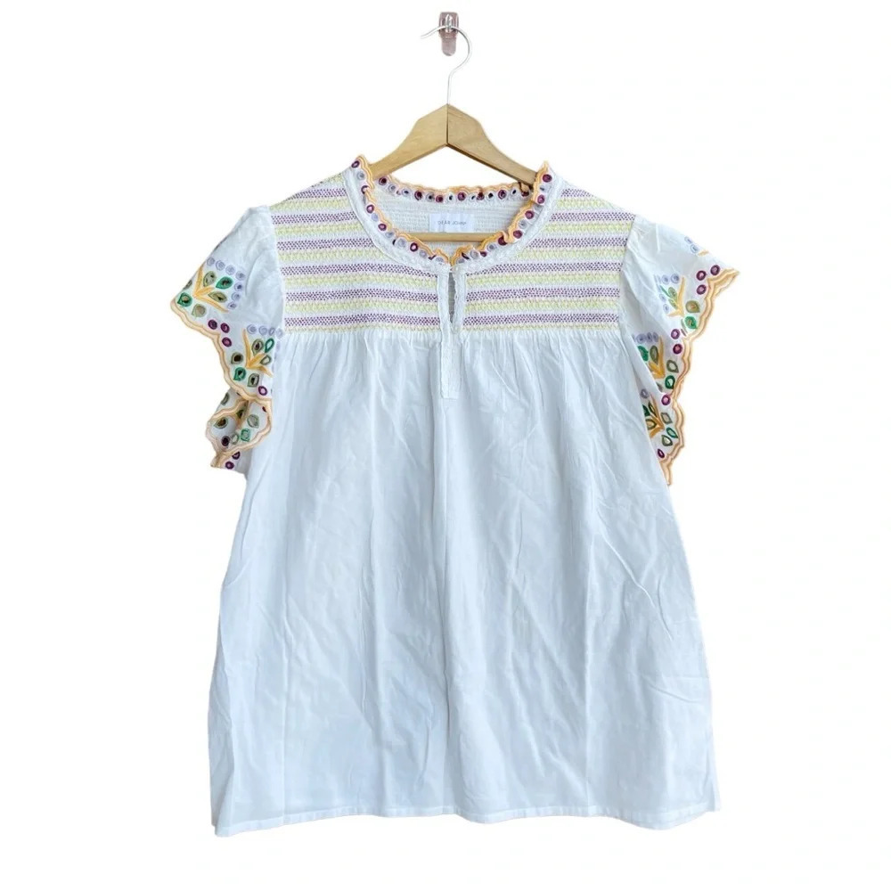 DEAR JOHN Xena White Prism Top Boho Women’s XL Embroidered Eyelet Short Sleeve